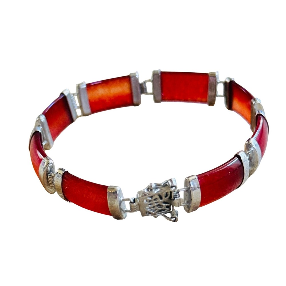 Good Fortune Red Jade Chinese Panel Bracelet Stone White Gold Plated Genuine 7"